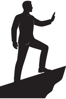 Silhouette of a man standing on an implied ledge with one foot forward, gazing into the distance, celebrity on ramp silhouette vector