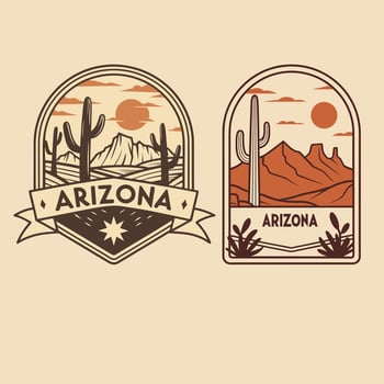 Arizona desert badges featuring cacti, mountains, and a sunset in vintage style, perfect for travel and adventure designs illustration vector