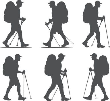 Mountain Hiking Silhouettes of travelers with backpacks and sticks set. hiking, trekking, climbing backpacking Outdoor Adventure Illustration vector