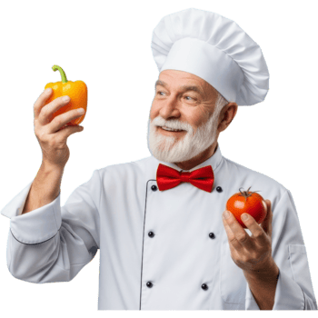 Cheerful Elderly Chef with Vegetables Transparent Background png