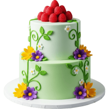 Whimsical Two Tiered Cake with Raspberries and Flowers png