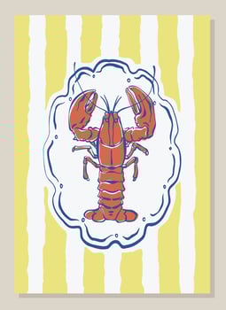 Vintage lobster poster on a striped yellow background. Hand drawn red crayfish or lobster simple illustration for kitchen decor, posters, Mediterranean seafood restaurants, menus, cards, or prints. vector