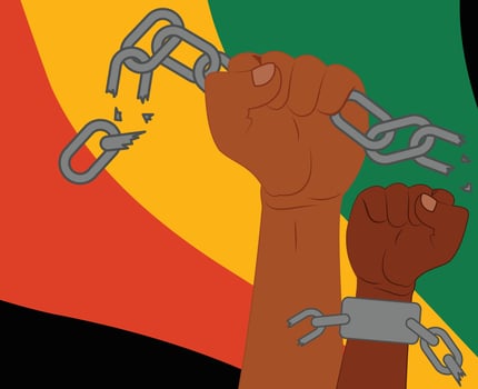 Juneteenth celebration with hands and chains illustration. chained hands illustration. raised fist illustration. Celebration of Black History Month vector