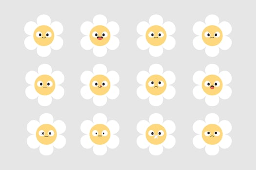 A set of cute white flower cartoon characters with facial expressions. Flat design illustration. 01 vector