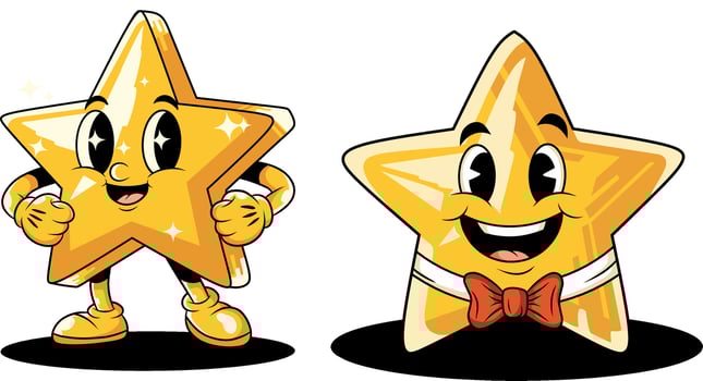 Happy golden star mascots. Retro cartoon stars for Memorial Day, patriotism, national pride, and celebratory events. Symbol of honor, remembrance, success. Ideal for US and European designs. vector