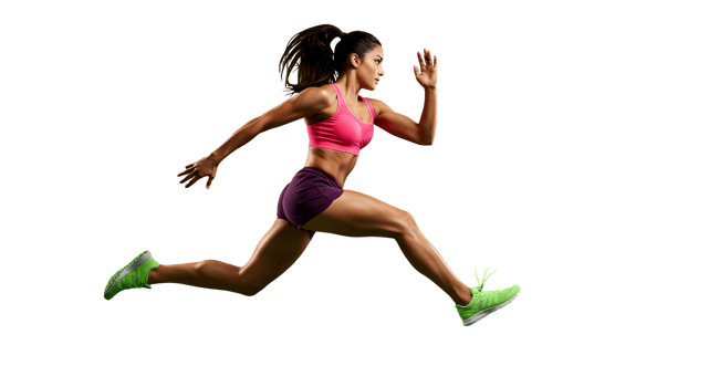Dynamic Female Athlete Running and Jumping Against Black Background png