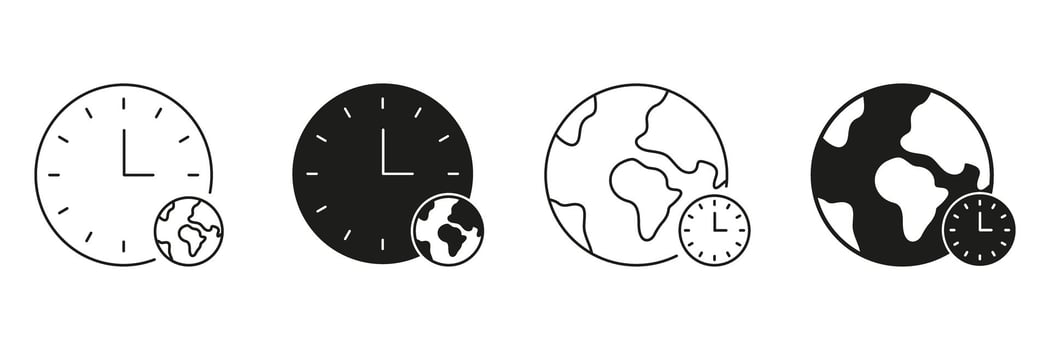 Clock And Globe Line And Solid Icon Set. Global Time Zones And World Clock Symbol Collection. International Timekeeping And Scheduling. Isolated Illustration vector