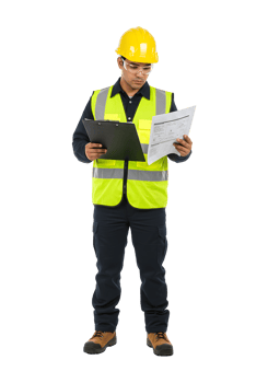 Focused Construction Worker Reviewing Blueprints png