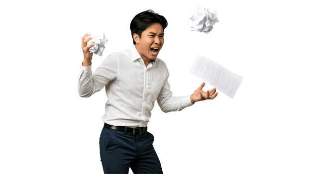 Frustrated Young Asian Man Throwing Crumpled Paper Against Black Background png