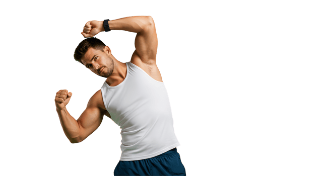 Muscular Man Flexing Muscles in White Tank Top Against Dark Background png