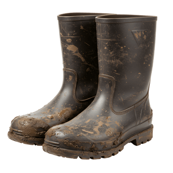 Pair of Muddy Brown Rubber Boots on Transparent Background png