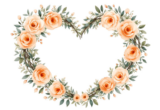Peach Watercolor Roses Heart Wreath on Transparent Background png