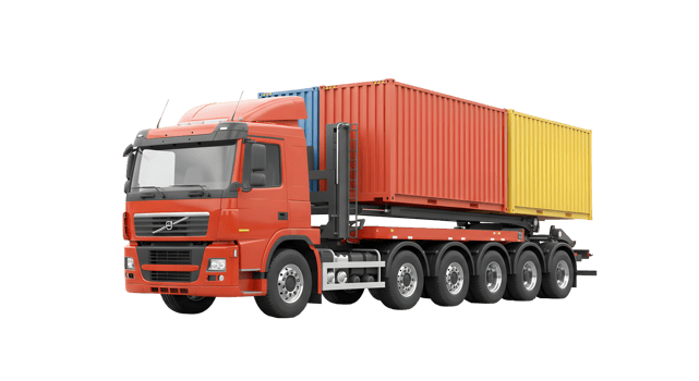 Red Truck Hauling Stacked Orange And Yellow Shipping Containers png