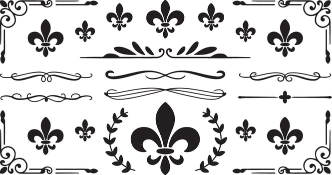 Ornate Fleur de Lis Collection with Laurels, Borders, and Dividers vector
