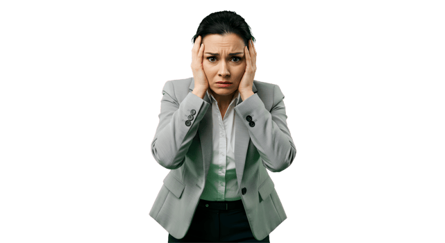 Stressed Businesswoman in Gray Jacket Against Dark Background png