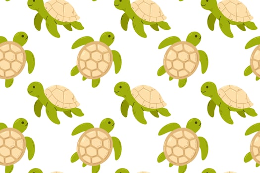 Seamless pattern with green turtles and beige shells swimming on a white background, perfect for ocean-themed decor or fabric vector