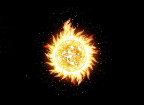 Fiery solar sphere with fire flames for global warming topic, weather alerts, wildfires, solar activity and climate impact. illustration. vector