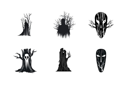 Spooky black and white tree and mask illustrations vector