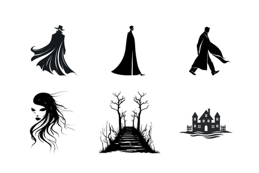 Silhouette illustrations of mysterious figures and haunted places vector