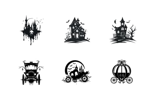 Spooky halloween silhouettes castles houses and carriages vector