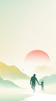 Father's Day vertical illustration landscape and father and son silhouettes vector