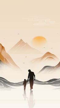 Father's Day vertical illustration of landscapes and silhouettes of father and son vector
