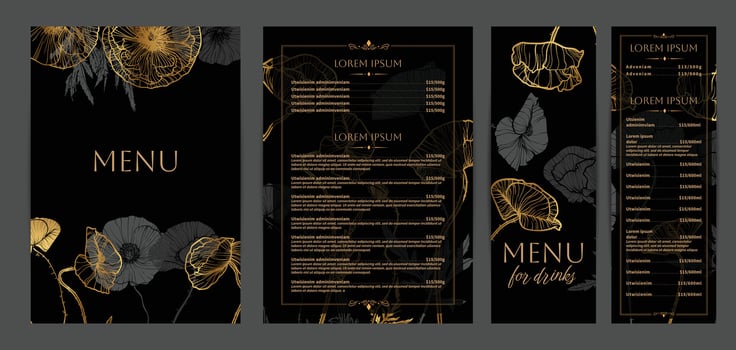 Luxurious food and drinks menu designs. Restaurant menu template. Beautiful A4 format with high quality flowers for print and online usage. Saturated hand drawn line art golden poppies. vector