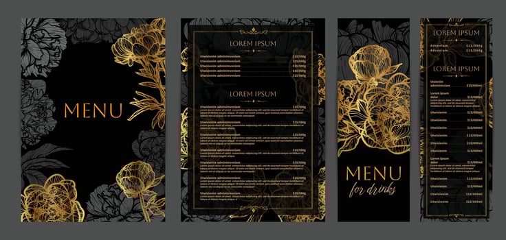 Luxurious drinks and food menu designs. Restaurant menu template. Beautiful A4 format with high quality flowers for print and online usage. Saturated hand drawn line art golden poppies. vector