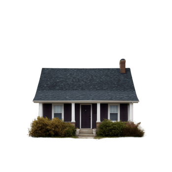 A charming, traditional house with a sloped roof, surrounded by lush greenery. Perfect for home-related projects or real estate imagery. png