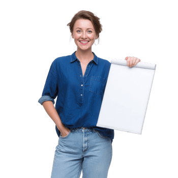 A cheerful individual holding a blank notepad, smiling confidently, casual attire, white isolated background. png