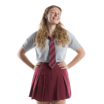 A cheerful young student wearing a school uniform with a shirt, tie, and skirt. She stands confidently with hands on hips, smiling against a white isolated background. png