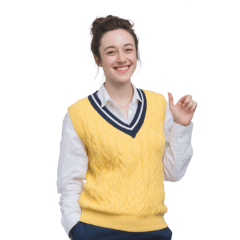 A cheerful young woman in a yellow sweater vest and white shirt gives a thumbs-up, exuding positivity and confidence against a white background. png