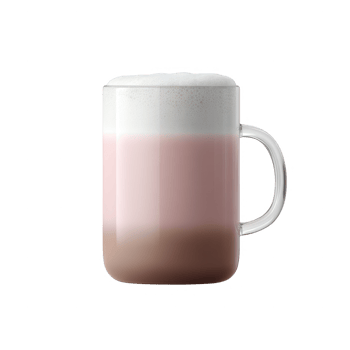 A clear glass mug filled with a layered beverage featuring a creamy foam on top, soft pink hues in the middle, and a rich chocolate base, isolated on a white background. png