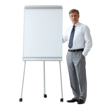 A confident businessman stands next to a blank flip chart, ready to present ideas. The setting conveys professionalism and anticipation, perfect for corporate presentations. png