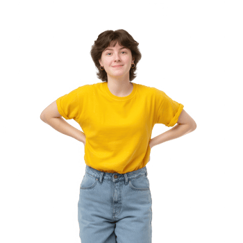 A confident young woman wearing a bright yellow shirt and jeans, posing with hands on her hips and smiling, showcasing a casual and vibrant mood. png