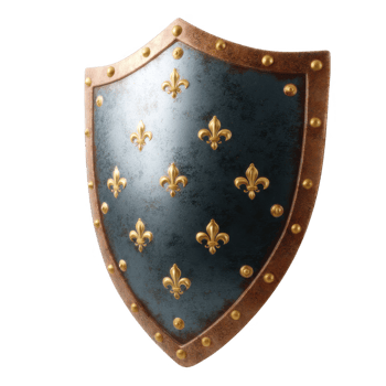 A decorative medieval shield featuring elegant golden fleur-de-lis motifs on a polished blue surface, bordered with decorative studs, ideal for art and historical themes. png