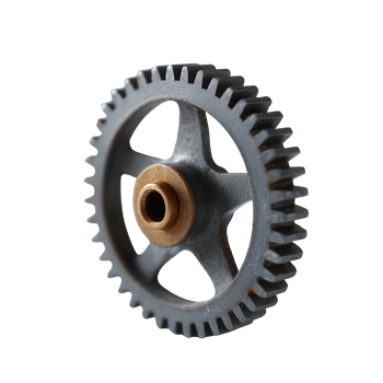 A detailed image of a metallic gear with sharp teeth and a central hole, showcased on a white isolated background, emphasizing its industrial design and functionality. png