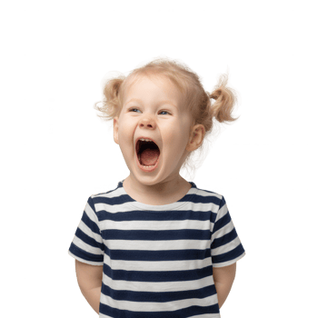A joyful little girl with blonde hair and playful pigtails, expressing excitement and happiness in a fun striped shirt against a white isolated background. png
