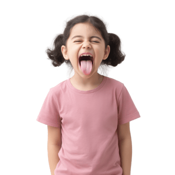 A playful young girl with pigtails sticking out her tongue. She wears a pink shirt and is expressing joy and silliness against a white isolated background. png