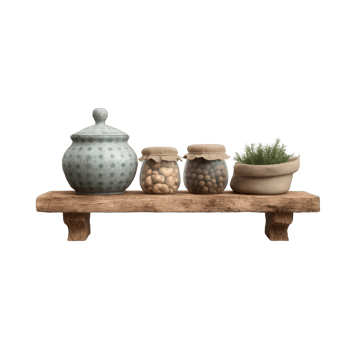A rustic wood shelf displays a ceramic jar, glass jars filled with nuts, and a small potted succulent. Ideal for charming home decor or kitchen styling. png