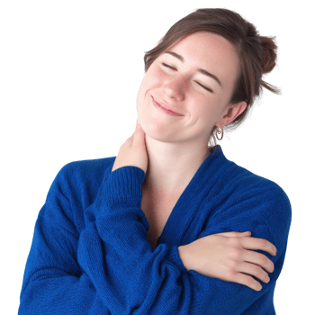 A smiling woman in a cozy blue sweater gently embraces herself, conveying a sense of warmth and self-love, set against a transparent background. png