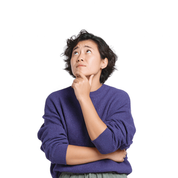 A thoughtful woman in a purple sweater, pondering with a hand on her chin. She's looking upwards, radiating curiosity and contemplation against a white isolated background. png