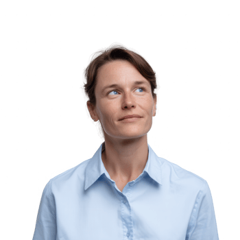 A thoughtful woman with short hair wearing a light blue shirt gazes upward, reflecting deep contemplation against a white isolated background. png