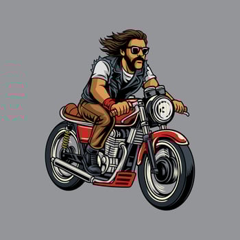 A Bearded Man wearing sunglasses riding a red retro cafe racer motorcycle, isolated cartoon illustration on a gray background vector
