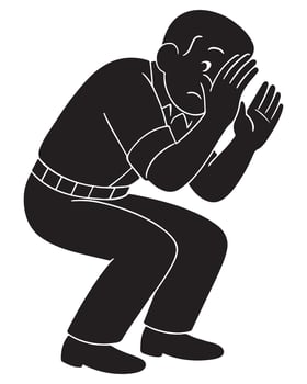 Silhouette of a man crouching as if hiding, peeking with hands shielding face vector