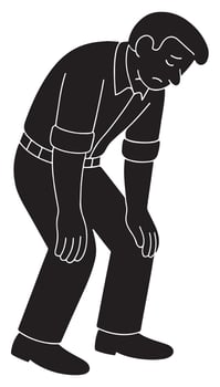 Silhouette of a man leaning forward with one hand resting on a bent knee, body heavy with emotion, tired man silhouette vector