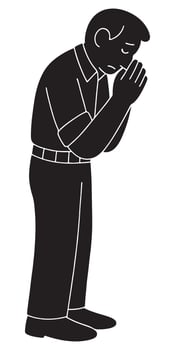 Silhouette of a man standing motionless with hands pressed together near his face vector