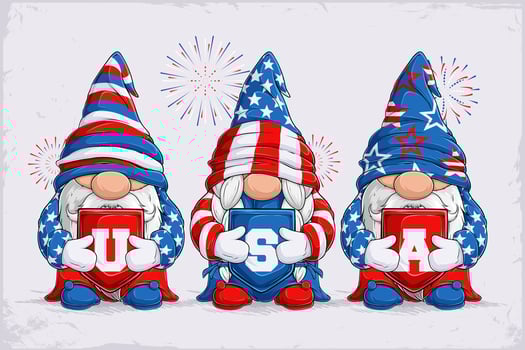 Hand drawn set of cute gnomes in 4th of July disguise, holding USA initials, celebrating independence day, honoring memorial day and veterans day vector