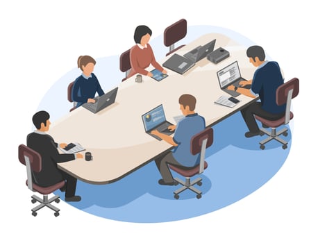 Team of professionals sitting around conference table brainstorming ideas and planning project strategy using laptops and digital tools in modern office vector