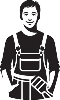 A black and white graphic of a smiling man wearing overalls and holding a paintbrush in his pocket vector